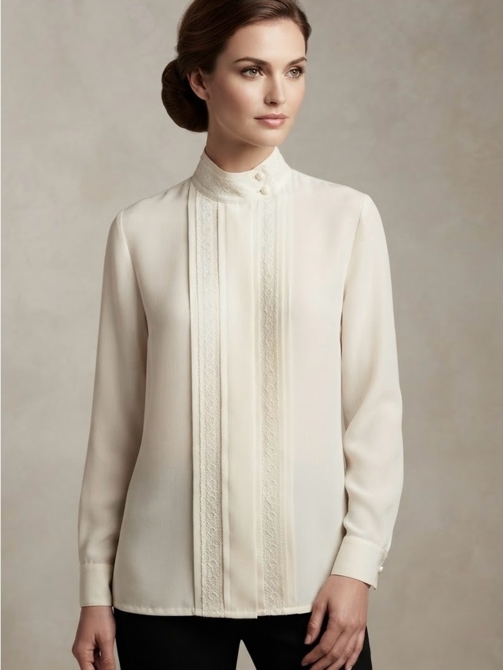 High-Neck Cream Lace-Trim Blouse